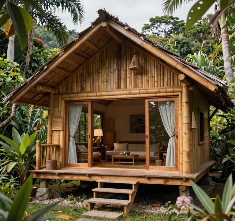 A high-quality photo of a cozy, rustic cabin built from natural bamboo and local wood, nestled within tropical gardens at a retreat in Quezon Province, with large glass windows showing a clean, modern interior, highlighting Southeast Asian design.