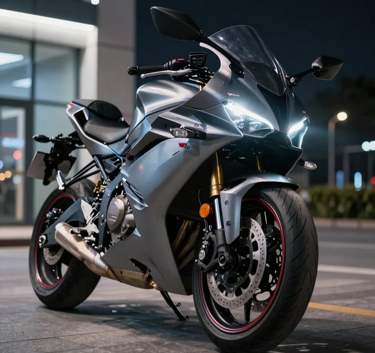 A close-up, low-angle shot of a premium sport bike parked in a modern Global / International urban environment at night. The bike's headlights are on, casting a soft glow on the pavement. The aesthetic is clean, sharp, and high-quality, reflecting the gunmetal grey and deep charcoal brand palette.