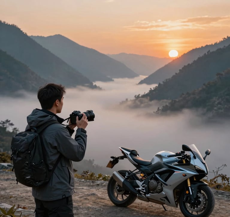 A lifestyle shot of a traveler in a Charcoal Grey jacket holding a professional camera, overlooking a vast, misty valley at dawn. A sport bike is parked nearby. Cinematic lighting with Electric Orange highlights in the sky. Global / International mountain landscape.
