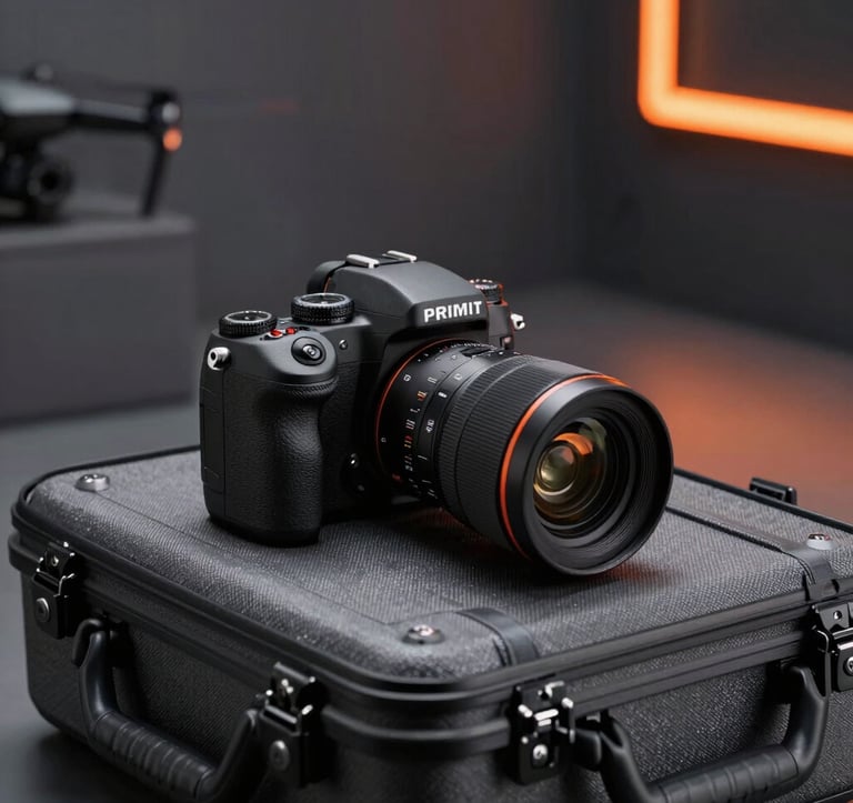 A professional camera and a sleek drone resting on a charcoal grey travel case. The setting is a modern Global / International studio with moody lighting and subtle vivid orange accent lights in the background.