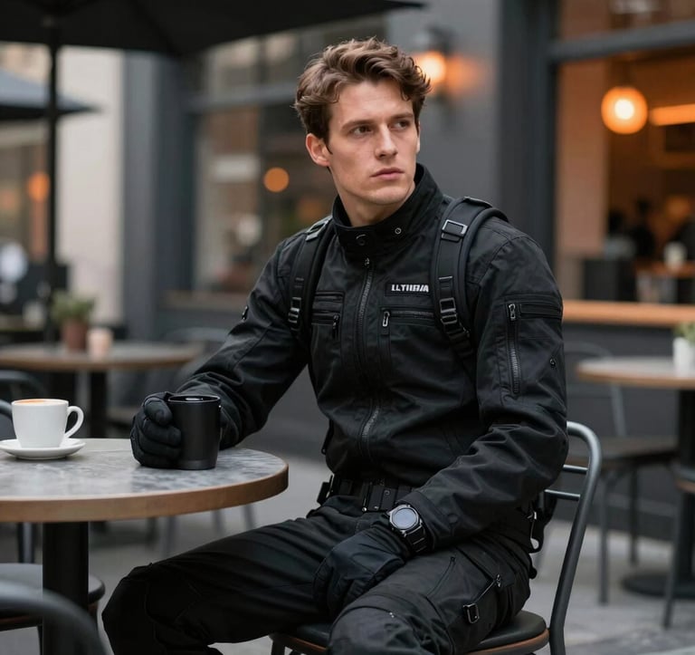 A lifestyle shot of a traveler in professional black riding gear sitting at a modern charcoal-themed outdoor cafe in a Global / International city, with cinematic soft grey and burnt orange lighting in the background.