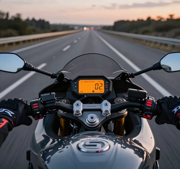A close-up POV shot of a rider's hands in professional gloves gripping the handlebars of a sport bike. The digital dashboard is illuminated in vivid orange against the charcoal grey bike frame. A Global / International highway stretches ahead into the dusk.