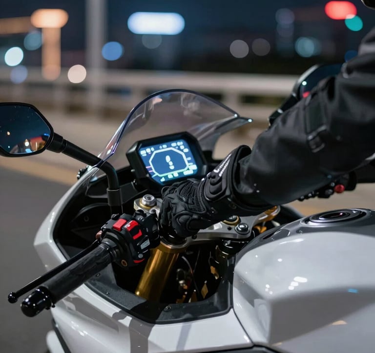 A close-up shot of a rider's gloved hand on the throttle of a modern sport bike. The dashboard glows with a soft light. The background is a blurred cityscape at night in a Global / International metropolis. Mood is premium and high-tech.