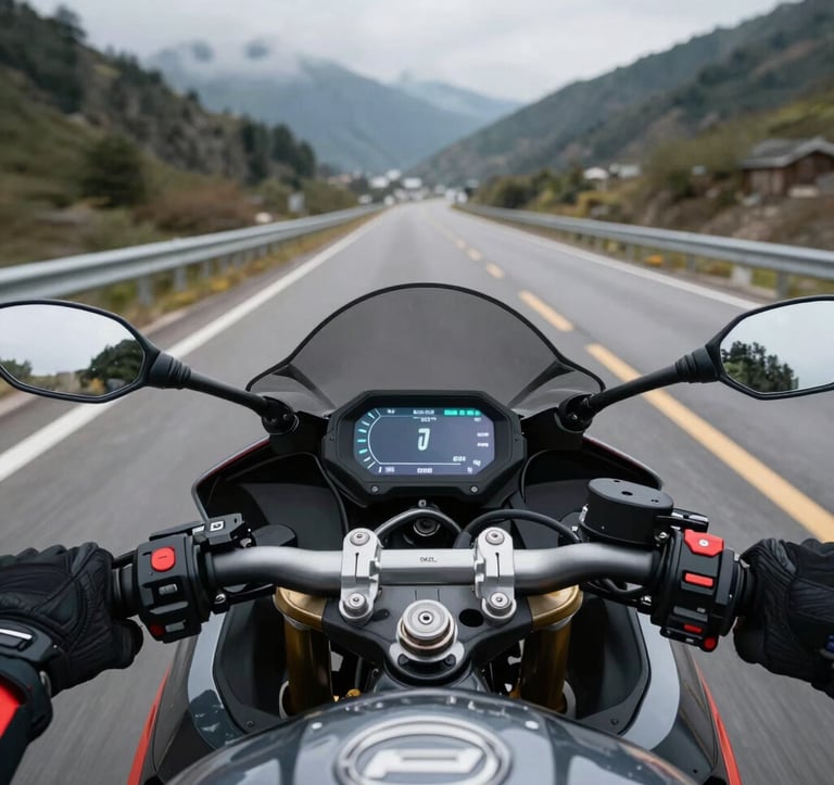 A first-person perspective (POV) from a rider's helmet, showing gloved hands on the handlebars of a sport bike. The dashboard is sharp and illuminated against a blurred Global / International mountain highway backdrop. High-speed cinematic blur suggests thrilling movement.