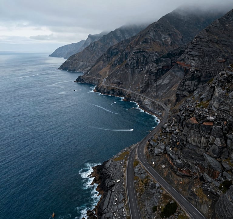 An aerial drone photograph of a winding coastal road in a Global / International location, with the deep blue ocean on one side and jagged cliffs on the other. Cinematic lighting with a soft grey atmospheric mist and charcoal rock textures.
