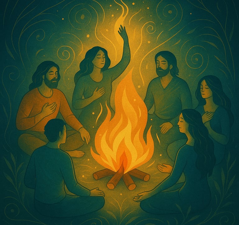 Group retreat image of participants around a fire in contemplation and ritual