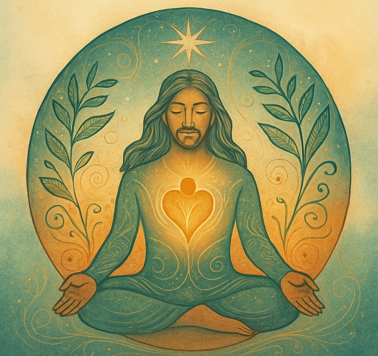 a man sitting in a meditation position with a heart in the middle of his chest