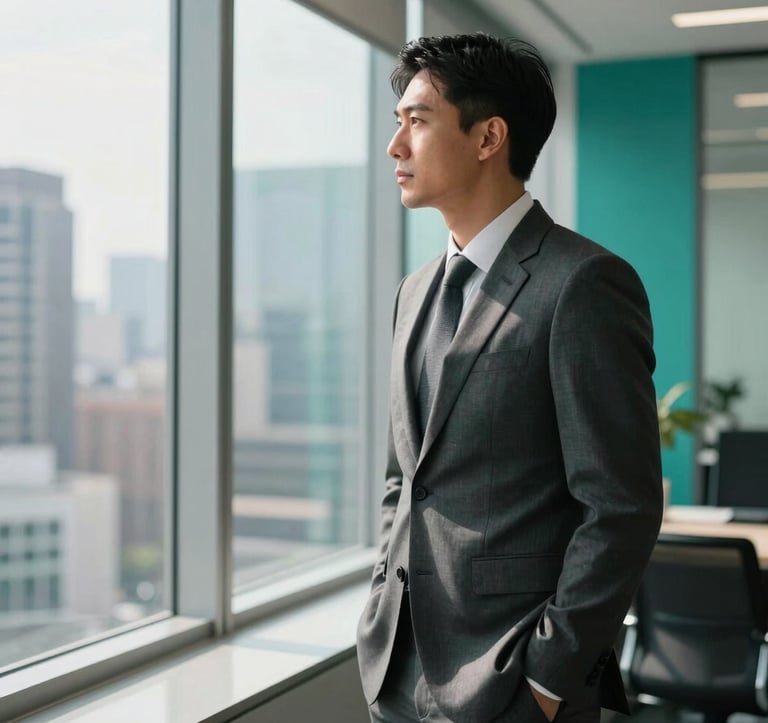 A professional North American businessman in a charcoal suit standing thoughtfully in a sunlit, high-rise office, looking out at a blurry cityscape. The atmosphere is sophisticated and authoritative with vibrant teal accents in the room's design.