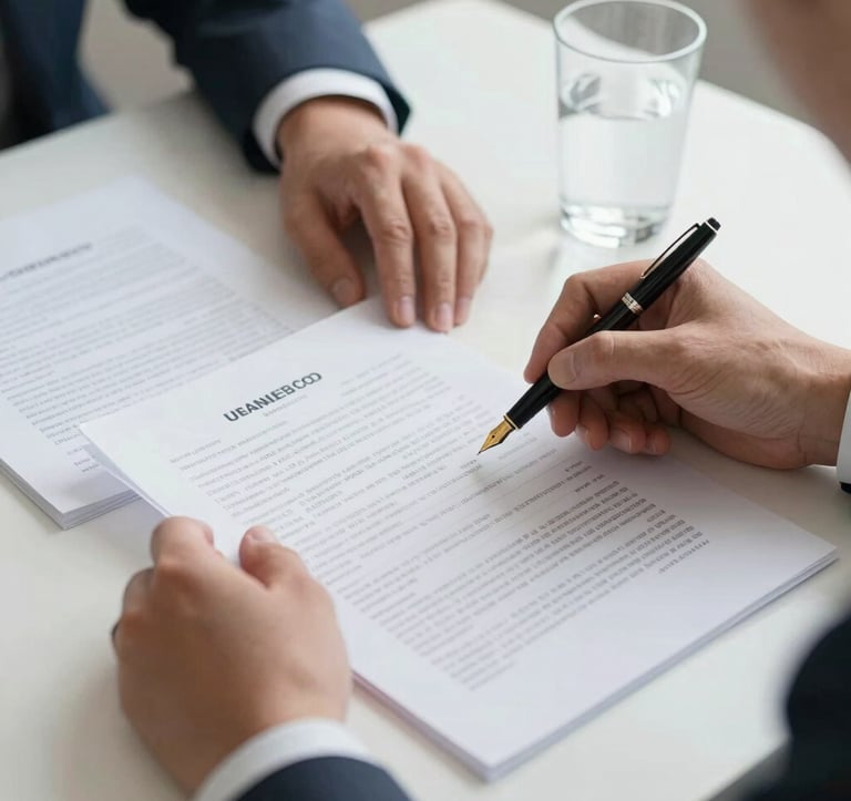 A close-up photograph of a professional financial consultant's hands reviewing complex financial statements and business contracts on a sleek white desk. A high-end fountain pen and a glass of water sit nearby, emphasizing attention to detail and professional credibility in a US corporate setting.