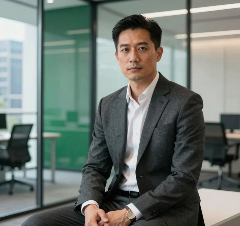 Professional portrait of a male executive in a tailored charcoal suit, sitting in a contemporary glass-walled office in a US metropolitan area. He projects confidence and authority. The background is a blurred high-end office interior with accents of rich royal green and crisp white.