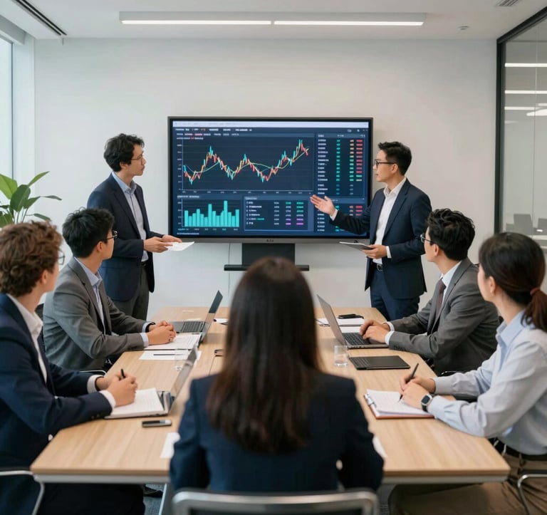 A professional setting in a North American corporate office where a diverse group of business experts are engaged in an energetic strategy meeting. They are dressed in premium business attire, using a large interactive screen showing market data in a modern, brightly lit boardroom.