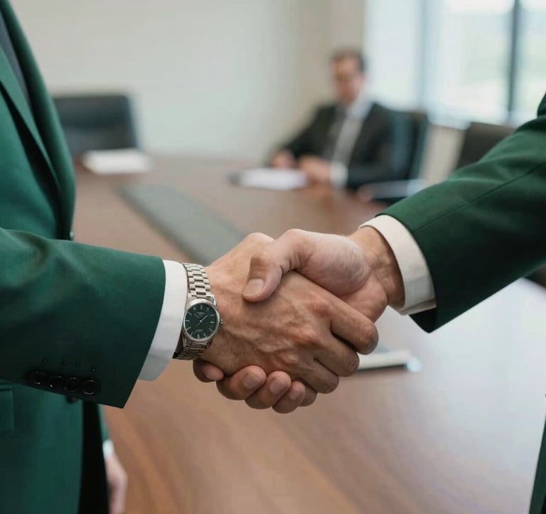 A close-up of a firm, professional handshake between two business leaders in a premium US boardroom setting. Natural light, sharp focus on the hands, high-end watches, and expensive business attire in rich royal green and white tones.