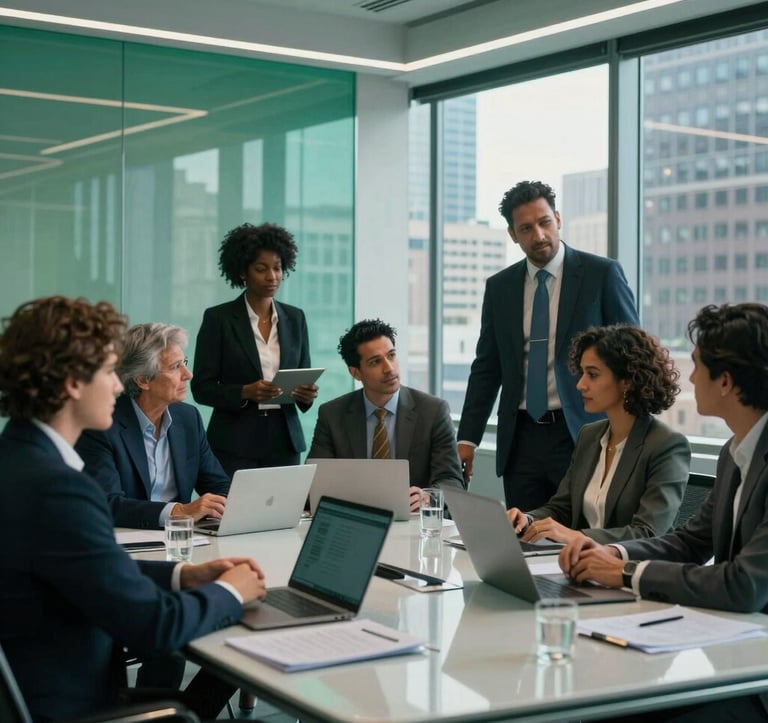 A cinematic shot of a group of diverse North American professionals collaborating in a high-tech glass boardroom with a view of a prestigious city center. The lighting is energetic and dynamic, with rich royal green and vibrant teal tones integrated into the modern architectural elements.