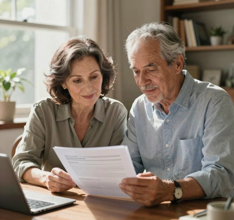 A professional North American couple in their early sixties, looking confident and relaxed in a high-end, sunlit home office. They are reviewing financial planning documents on a tablet together, conveying a sense of security and successful retirement planning.