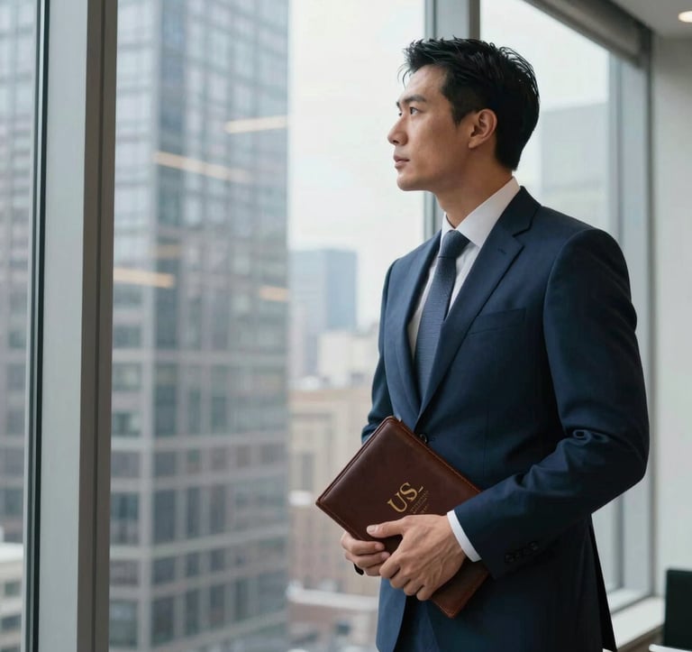 A sharp, high-contrast photograph of a financial advisor in a tailored navy suit standing before a large window in a skyscraper office. The advisor is looking thoughtfully out at the city, holding a leather-bound portfolio, symbolizing leadership and forward-thinking wealth strategy in the US market.