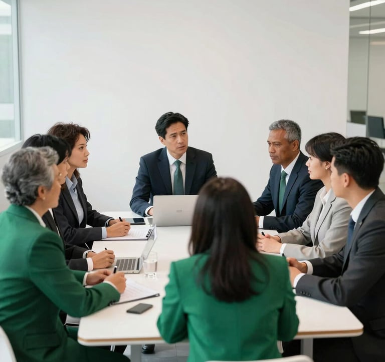 A diverse group of North American professionals in corporate attire engaged in a strategic meeting around a large table. The scene is bright and dynamic, featuring modern architectural elements and a palette of royal green and crisp white.