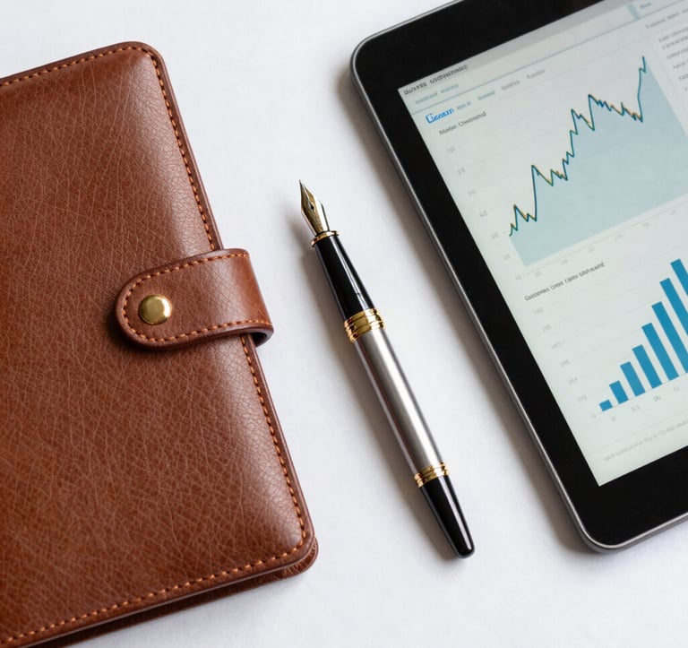A top-down, clean flat-lay photography of a leather-bound portfolio, a premium fountain pen, and a high-end tablet showing professional financial charts. The lighting is crisp and modern, featuring electric gold accents and a white background, reflecting high-end US corporate culture.