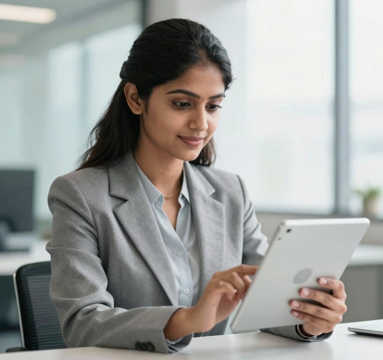 A professional South Asian woman in a bright, contemporary Indian office, looking at a digital tablet with a focused and confident expression, soft natural light, clean corporate background.