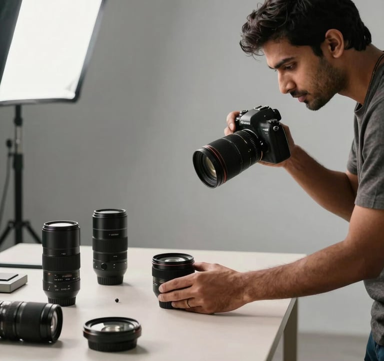 Professional photography of a product photography studio setup in India. A high-quality South Asian photographer is arranging premium items on a clean surface for an e-commerce shoot, with bright lighting and soft steel grey tones in the background.