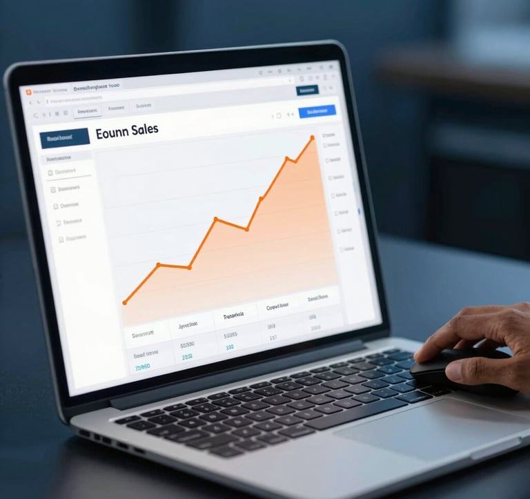 Close-up of a laptop screen displaying a professional e-commerce sales dashboard with rising orange trend lines. A South Asian professional's hand is visible on a mouse, set in a sleek, dark blue themed corporate environment.