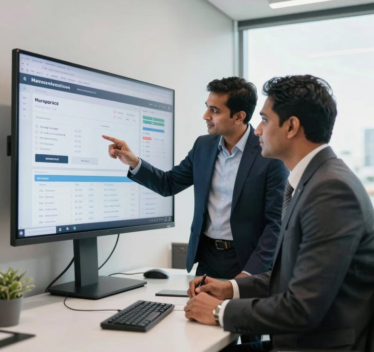 A high-quality photo of two South Asian entrepreneurs in professional business attire, reviewing digital marketplace metrics on a large wall-mounted monitor in a modern Indian corporate boardroom. Bright, confident atmosphere.