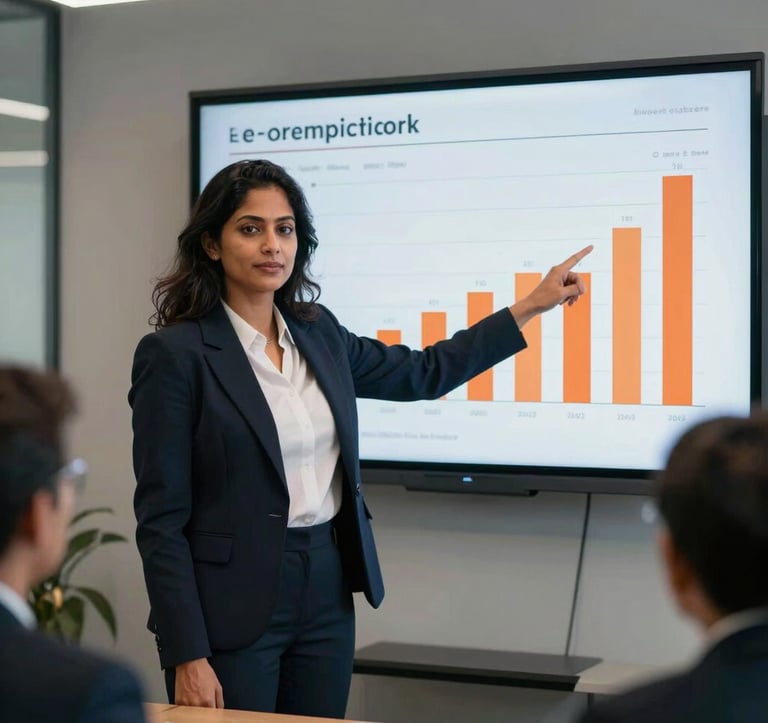 A confident South Asian professional woman standing in a modern corporate meeting room, pointing toward a digital screen displaying e-commerce growth metrics and orange bar graphs. The atmosphere is professional and results-driven.