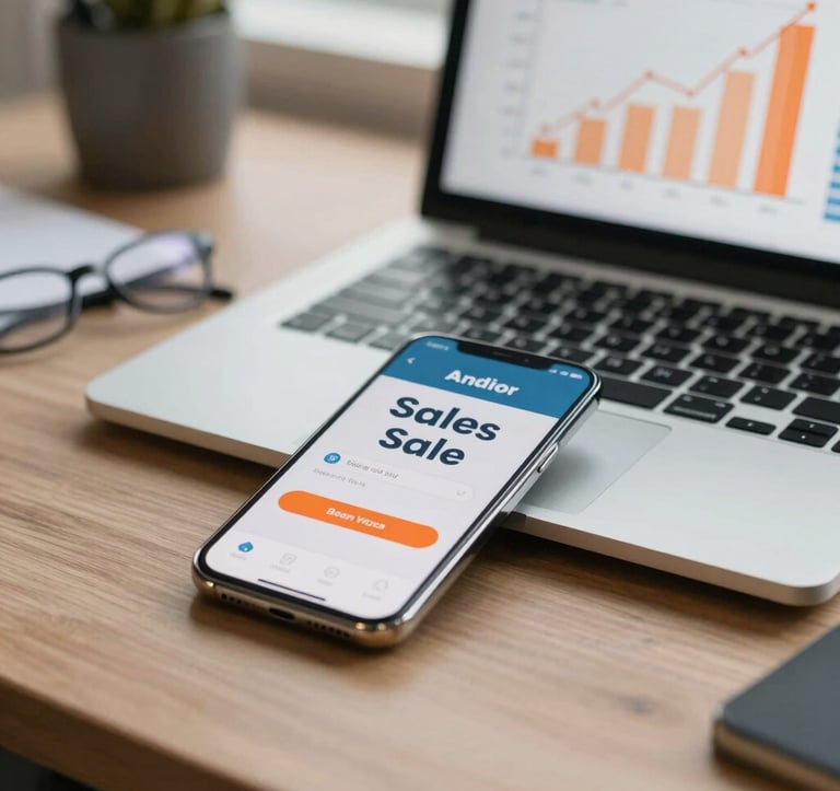 A close-up shot of a modern office desk with a smartphone showing a sales notification and a laptop screen displaying a line graph trending upwards with orange accents, set in a professional Indian workspace.