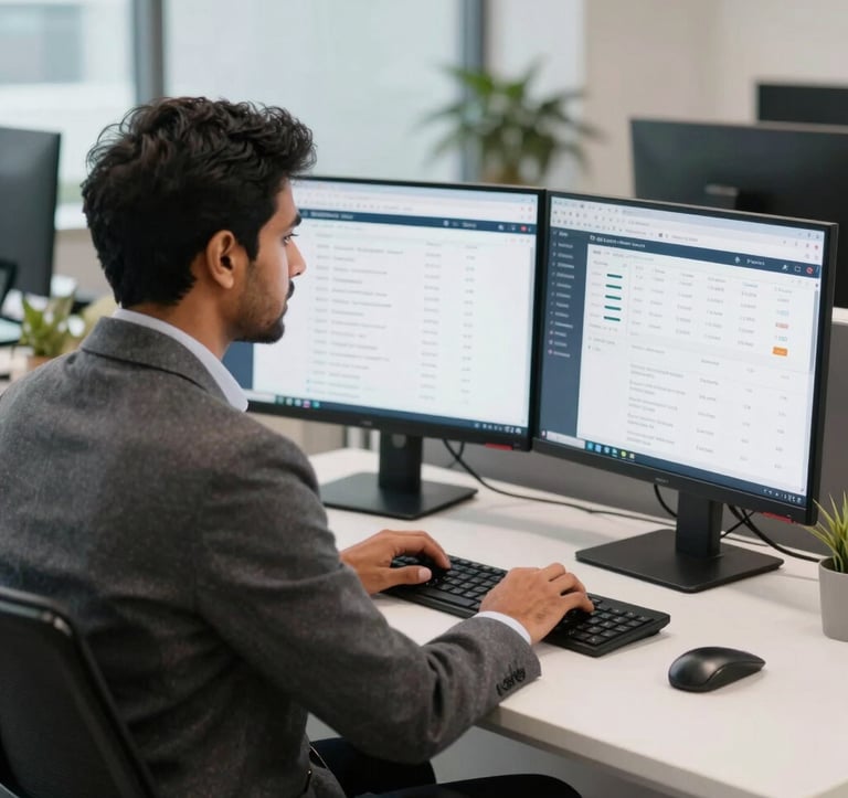 A professional South Asian man in a business blazer working at a sleek workstation with dual monitors showing e-commerce marketplace analytics, modern corporate office setting, bright and clean.