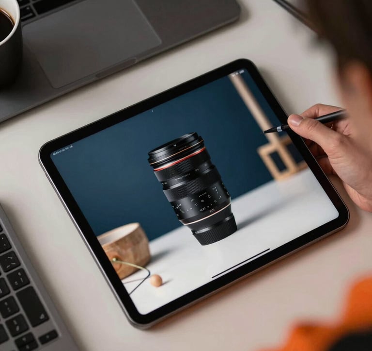 A top-down view of a professional designer's workspace featuring a tablet showing professional product photography of consumer goods. High-quality lighting and a clean, modern aesthetic with hints of dark blue and orange.