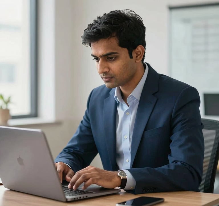 A focused South Asian account manager in a modern corporate attire, looking at a laptop screen with data visualizations. The setting is a clean, bright office in India with soft natural light and professional navy blue accents.