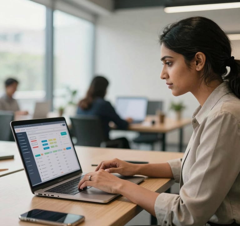 A professional South Asian woman in business casual attire working on a laptop in a bright, modern Indian coworking space, screens displaying e-commerce analytics and marketplace dashboards, soft natural light.