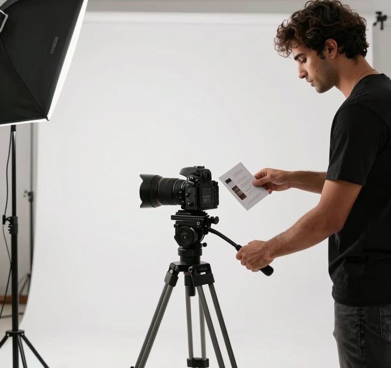 A professional product photography studio setting in India, with a clean white backdrop, high-end camera equipment on a tripod, and a stylist arranging retail products for a catalog shoot, bright and even studio lighting.