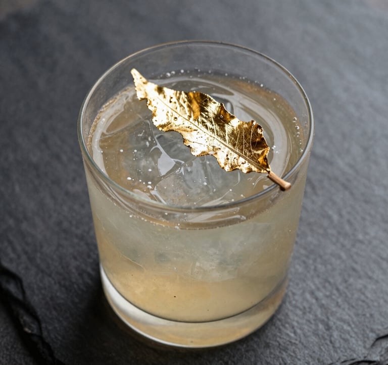Macro photography of an exotic cocktail being garnished with a branded edible gold leaf, deep shadows and slate grey textures, cinematic focus in a North American / Urban lounge.
