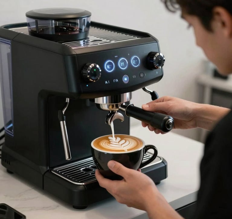 A sleek matte black espresso machine with glowing light blue-grey accents. A professional barista is pouring complex latte art into a dark ceramic cup. The setting is a minimalist, modern tech-office environment in a North American city.