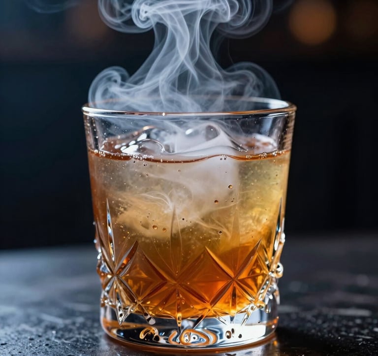 Macro photography of a molecular cocktail in a crystal glass. A plume of white smoke escapes from the top of an amber liquid, backlit by soft steel blue lighting in a dark, exclusive club setting.