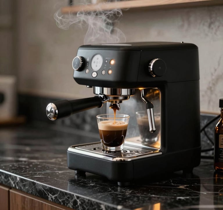Luxury matte black espresso setup on a dark marble counter, steam rising, warm yellow accent lights reflected in the chrome metal, North American / Urban style.