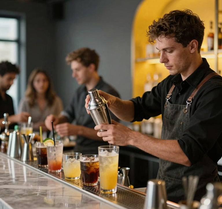 Fast-paced luxury bar service in a packed North American urban lounge, glowing liquids, motion blur of a silver shaker, vibrant atmosphere with deep grey and yellow accents.