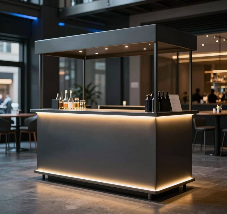A modular, minimalist mobile bar in matte charcoal with glowing yellow LED strips along the base. Set in a high-end urban event space with steel blue ambient lighting. North American / Urban.