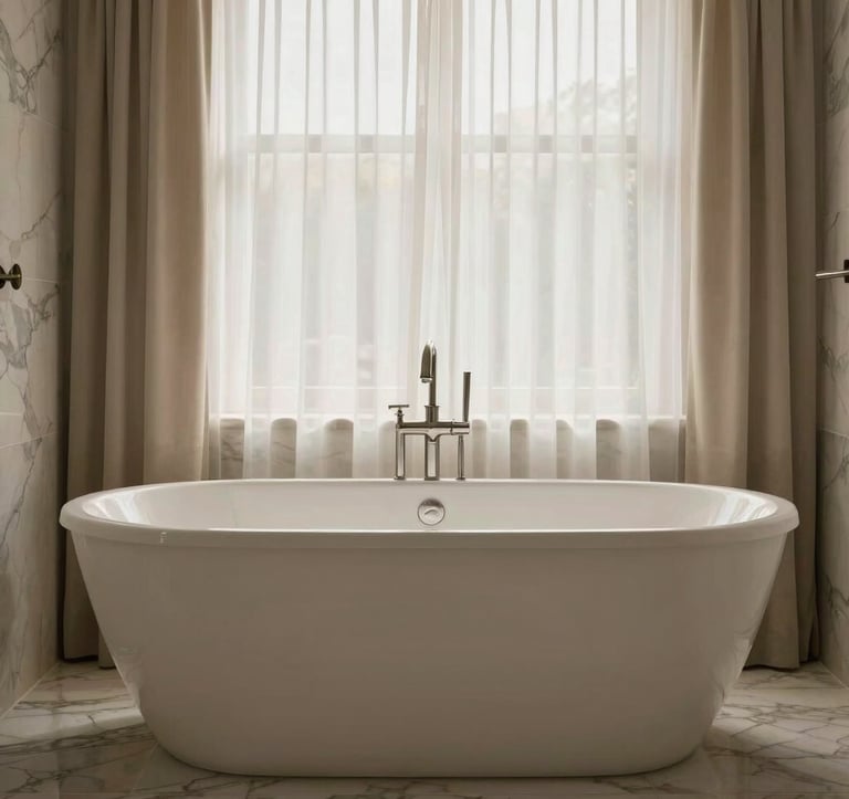 Professional photography of a freestanding soaking tub in a modern Los Angeles bathroom. The tub is positioned near a window with soft, sheer curtains, creating a serene and luxurious spa-inspired scene with soft beige and marble gray tones.