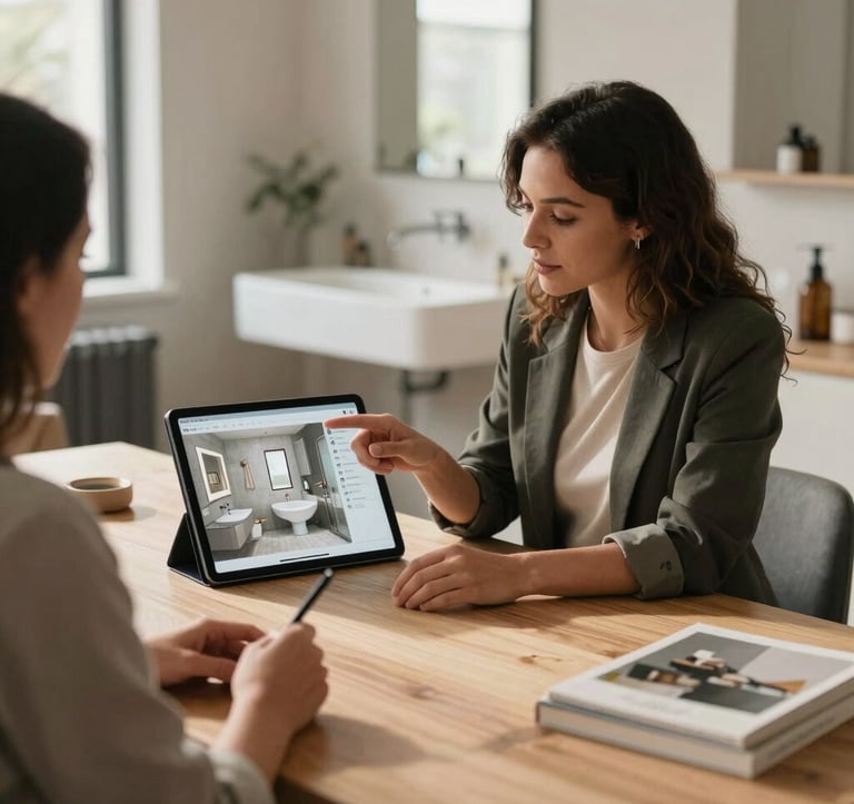 Interior design studio in Los Angeles, California. A professional designer is presenting a 3D digital rendering of a modern bathroom on a tablet to a client. The table is made of light wood, and the atmosphere is filled with natural light and sophisticated decor.