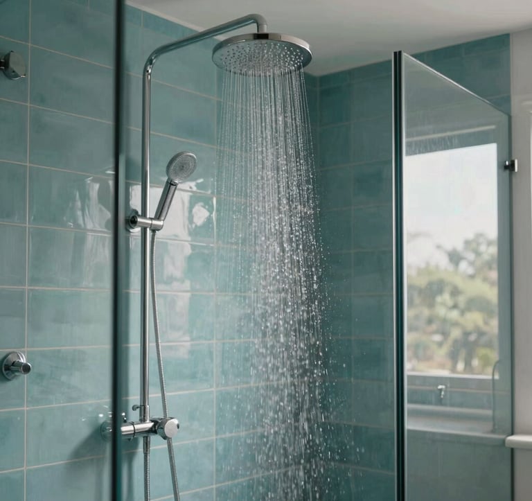 Interior design photography of a modern luxury shower in Los Angeles. The scene features a rainfall showerhead, sleek aqua blue tile accents, and seamless glass walls. Soft, diffused lighting creates a serene, spa-like atmosphere.
