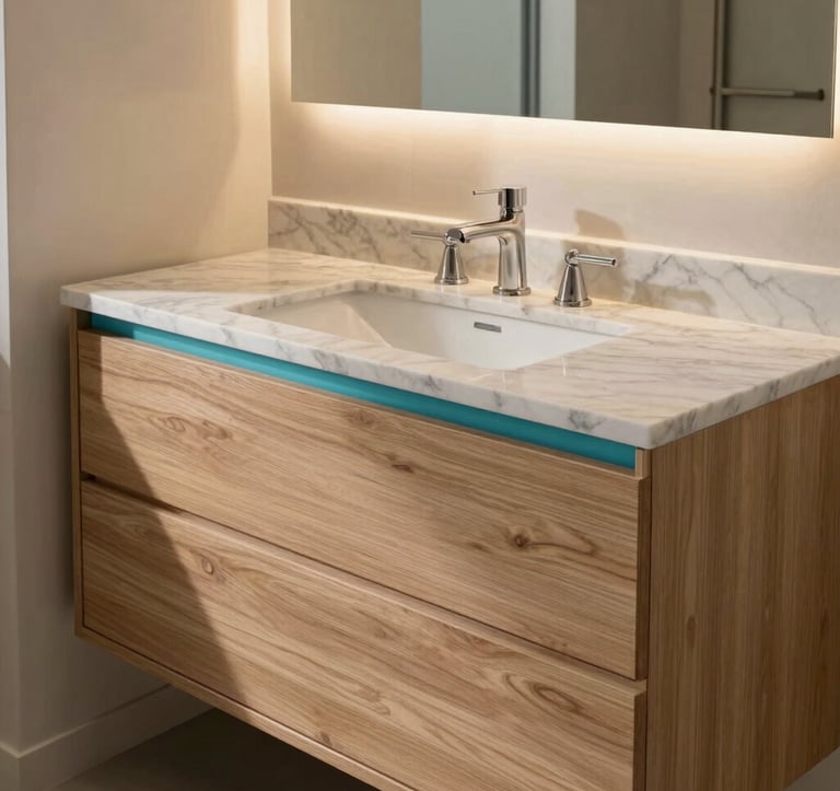 A professional interior design photograph of a custom bathroom vanity in a Los Angeles apartment. The vanity is made of light wood with a marble countertop, featuring sleek aqua blue accents and modern fixtures. The lighting is warm and elegant.