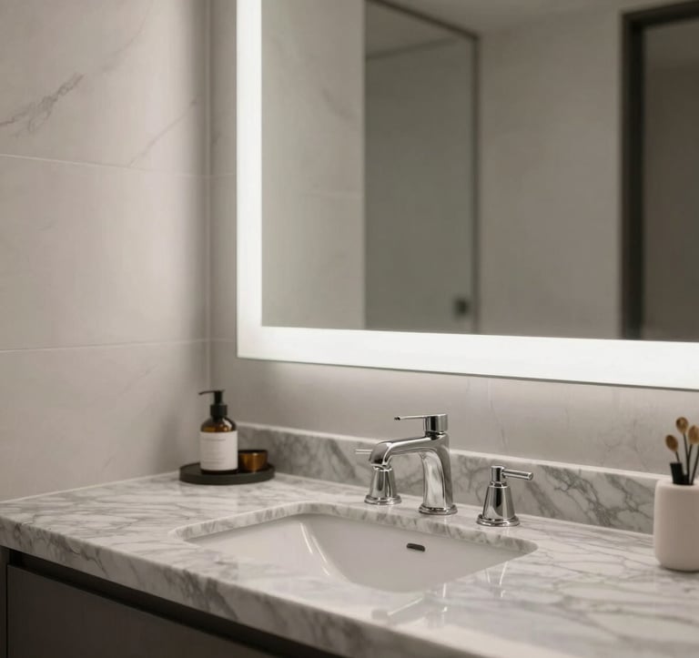 A luxury interior photography shot showing a bathroom transformation in Los Angeles. The focus is on a marble gray countertop with high-end fixtures and a minimalist mirror, reflecting a clean and modern design.