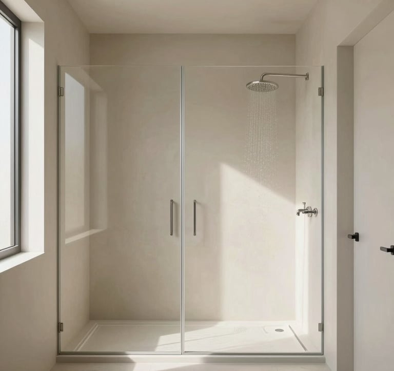Interior design photography of a minimalist bathroom featuring natural light, soft beige walls, and a large walk-in shower with a rainfall head. The composition is clean and airy, emphasizing comfort and elegant Los Angeles living.