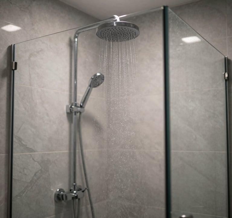 A close-up photograph of a modern walk-in shower in a North American home. The shower features frameless glass, marble gray tiles, and a high-end chrome rainfall showerhead. Soft lighting highlights the water droplets, creating a sense of luxury and relaxation.