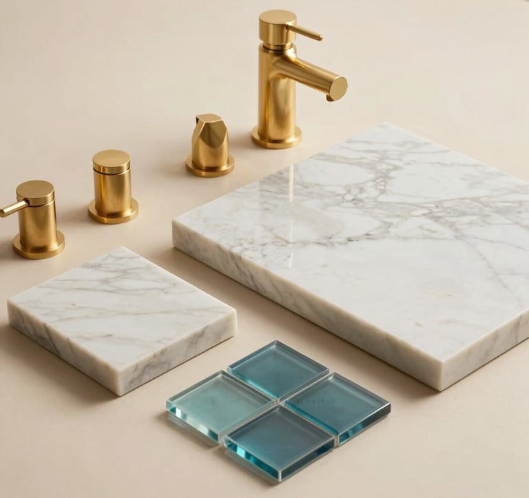 A refined collection of high-end materials including off-white marble slabs, brushed gold bathroom fixtures, and small aqua blue glass tile samples arranged elegantly on a soft beige surface. Studio lighting emphasizes the textures and luxury quality.