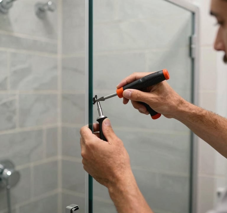 Close-up of a skilled artisan in North American / US (Los Angeles, California) meticulously installing a custom glass shower door in a bright, modern bathroom. The setting includes slate gray tiles and professional high-end tools, focusing on precision.