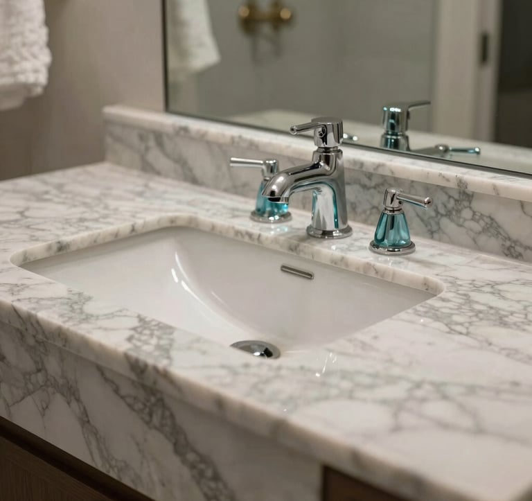 Close-up photography of a custom marble vanity in a luxury Santa Monica bathroom. The lighting is soft and flattering, highlighting the natural gray veining of the stone and elegant aqua blue glass accents. North American / US (Los Angeles, California) interior design style.