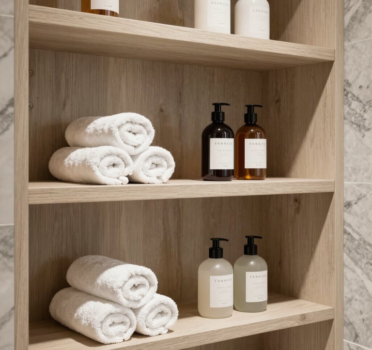 A high-end interior design shot of custom bathroom shelving and luxury storage. Features soft beige wood tones and marble gray accents, styled with rolled white towels and premium spa products in a North American setting.