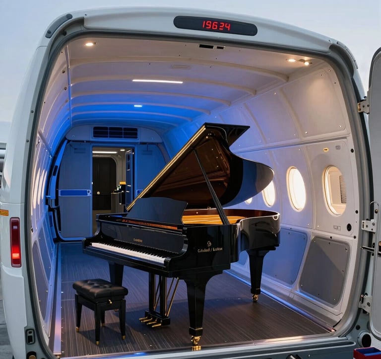 High-end temperature-controlled cargo hold of a freight aircraft containing a secured grand piano, soft gold and deep blue lighting, architectural precision, Global / Luxury Market.
